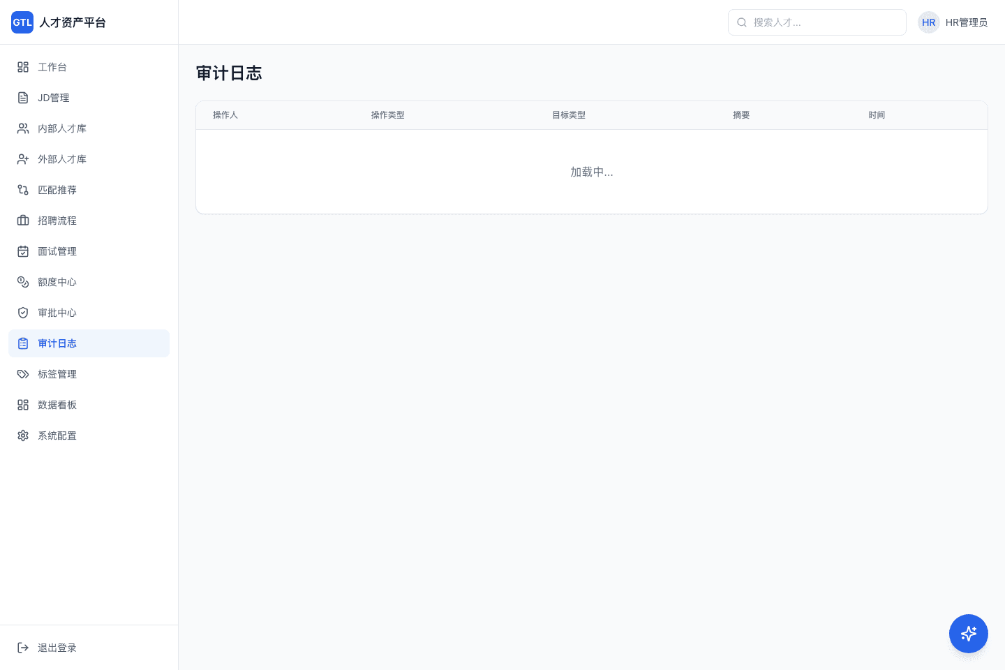 GTL 审计日志页面，展示操作人、操作类型、目标类型、摘要和时间字段